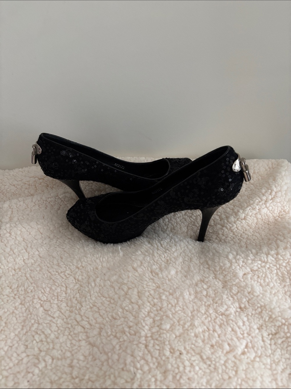 Louis Vuitton Black Sequin Stiletto Pumps with Silver Lock Detail - Picture 2 of 4